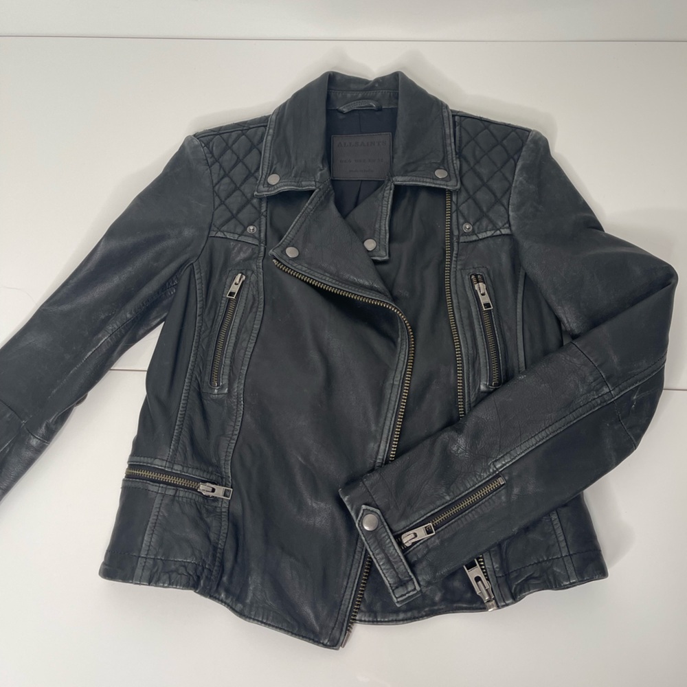 ALLSAINTS Cargo Distressed Leather Moto Biker Black Jacket Quilted Size 2